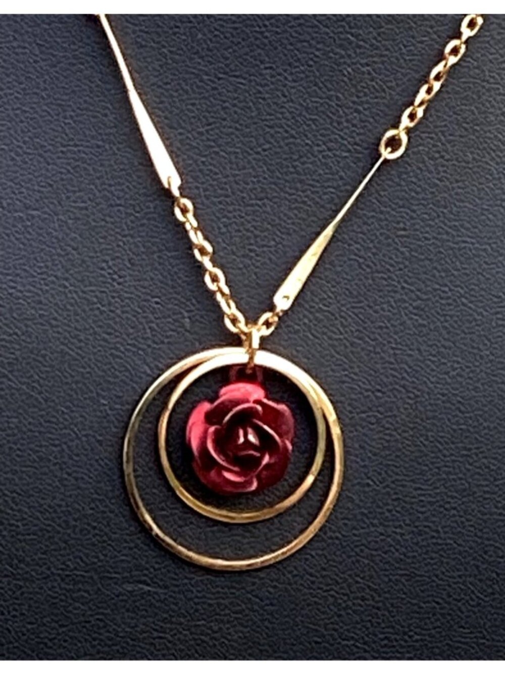 Dimensional Deep Red Rose Pendant on Gold Tone Bar Link Chain Necklace Layering